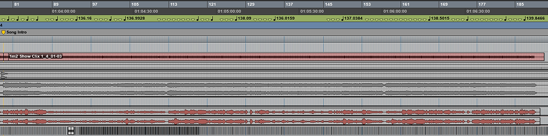 Screen grab from the Pro Tools file for You Know My Name showing hundreds of little green arrows representing tempo changes